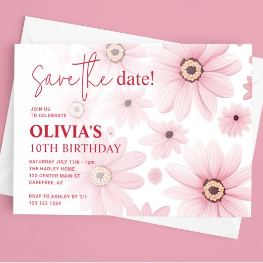 Invitation Pink Daisy Sauvez la date Anniversaire de l'enfant