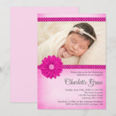 Invitation Pink Daisy Sparkle Photo Baptême Christening (Devant / Derrière)