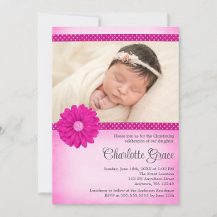 Invitation Pink Daisy Sparkle Photo Baptême Christening
