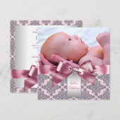 Invitation Pink Damask Baby Girl Photo Christening (Devant / Derrière)