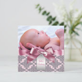Invitation Pink Damask Baby Girl Photo Christening (Debout devant)