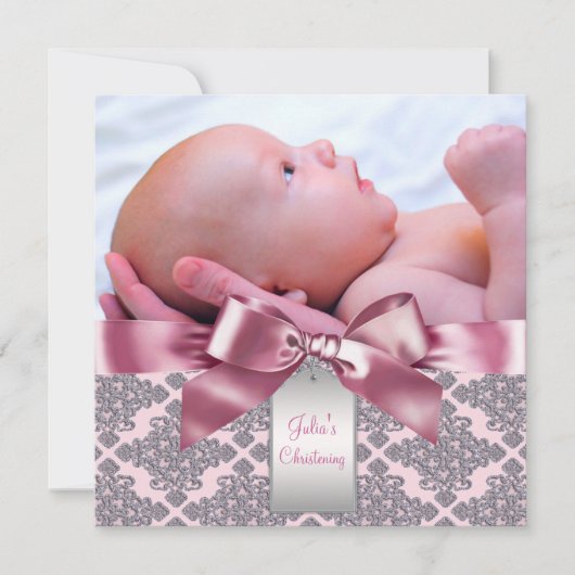 Invitation Pink Damask Baby Girl Photo Christening (Devant)