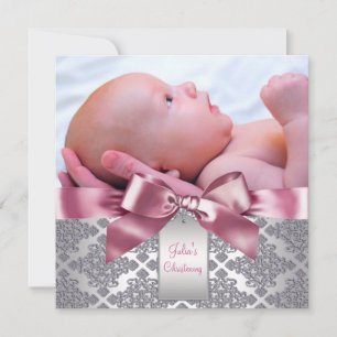 Invitation Pink Damask Baby Girl Photo Christening