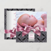 Invitation Pink Damask Baby Girl Photo Christening (Devant / Derrière)