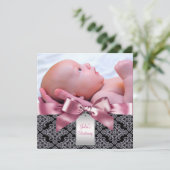 Invitation Pink Damask Baby Girl Photo Christening (Debout devant)