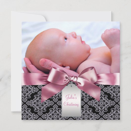 Invitation Pink Damask Baby Girl Photo Christening (Devant)