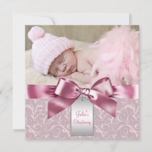 Invitation Pink Damask Baby Girl Photo Christening
