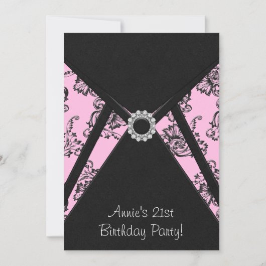 Invitation Pink Damask Black 21e anniversaire de fête Invitat (Devant)