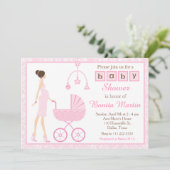 Invitation Pink Damask Brunette Attente d'un Baby shower fémi (Debout devant)