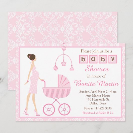 Invitation Pink Damask Brunette Attente d'un Baby shower fémi (Devant / Derrière)