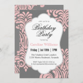 Invitation Pink Damask fête d'anniversaire (Devant / Derrière)