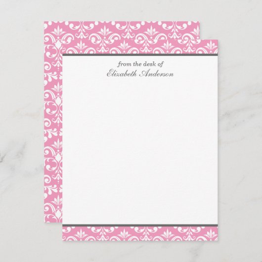 Invitation Pink Damask Flat Merci Notes (Devant / Derrière)