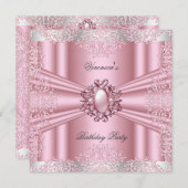 Invitation Pink Damask Lace Pearl Diamond fête d'anniversaire (Devant / Derrière)