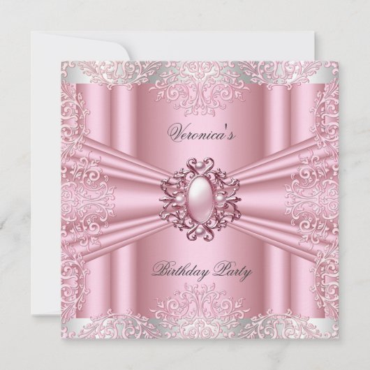 Invitation Pink Damask Lace Pearl Diamond fête d'anniversaire (Devant)
