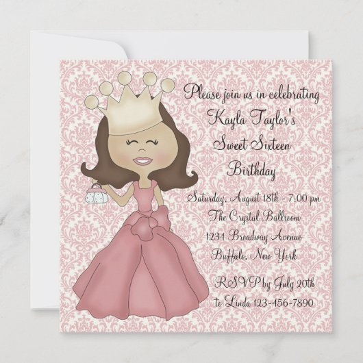 Invitation Pink Damask Princess Sweet 16 Party (Devant)