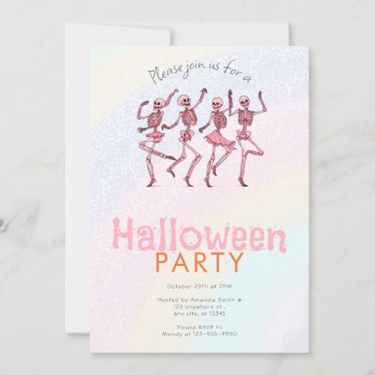 Invitation Pink Dancing Skeletons Rainbow Halloween Party (Devant)