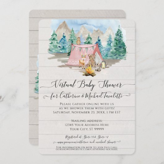 Invitation Pink Deer Bear Rustic Forest Baby shower virtuel (Devant / Derrière)
