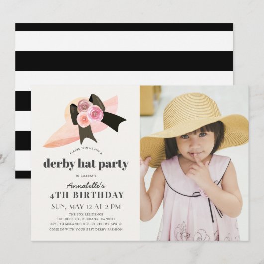 Invitation Pink Derby Casquette Rose 1er anniversaire fête Ph (Devant / Derrière)