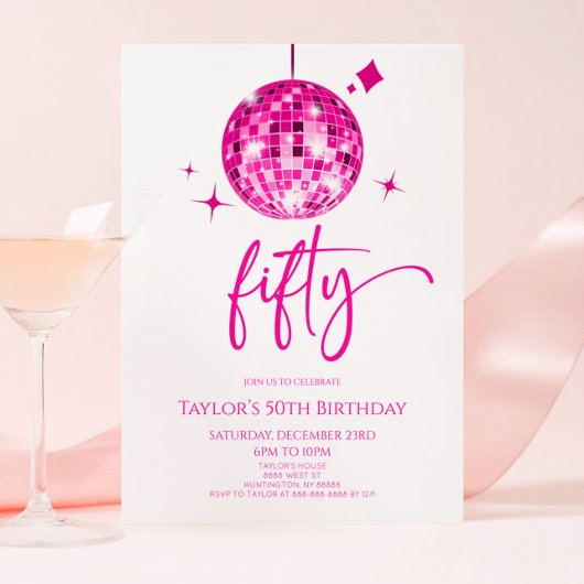 Invitation Pink Disco Ball Cinquante-ème fête d'anniversaire