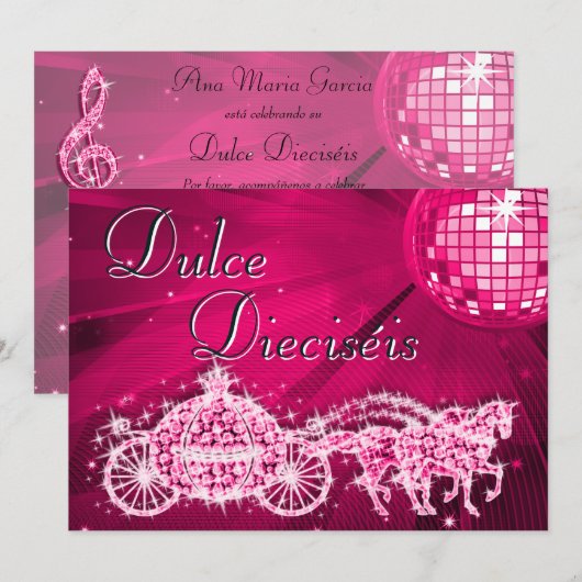 Invitation Pink Disco Ball, Princess Coach & Horses Sweet 16 (Devant / Derrière)