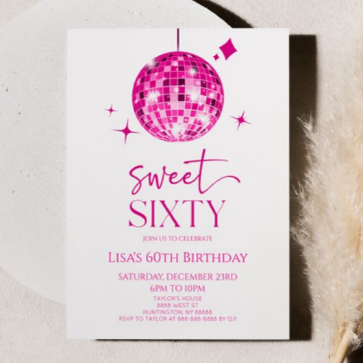 Invitation Pink Disco Ball Sweet Soixante 60e anniversaire fê
