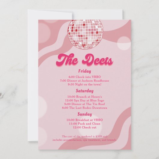 Invitation Pink Disco Rétro Bachelorette Week-end Itinéraire (Dos)