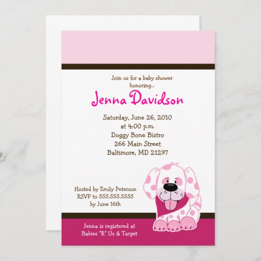 Invitation Pink Dot Chien Chien Chien Chien Bébé Fille Douche (Devant / Derrière)