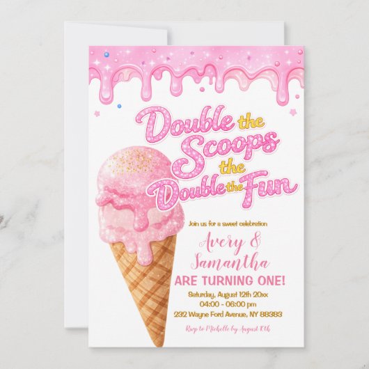 Invitation Pink Double the Scoops Birthday Glitter Sparkle (Devant)