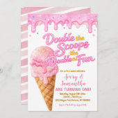 Invitation Pink Double the Scoops Birthday Glitter Sparkle (Devant / Derrière)
