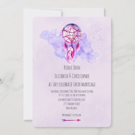 Invitation Pink Dreamcatcher Purple Aquarelle Mariage (Devant)