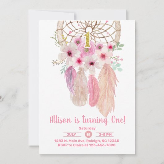 Invitation Pink Drecatcher fille 1er premier anniversaire inv (Devant)