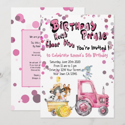 Invitation Pink Drive By Birthday Farm Animaux (Devant / Derrière)