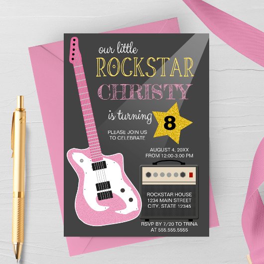 Invitation Pink Electric Guitar Rockstar Birthday Party
