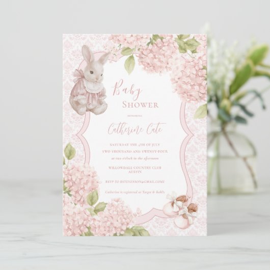 Invitation Pink Elegant Hydrangea Vintage Bunny Baby (Debout devant)