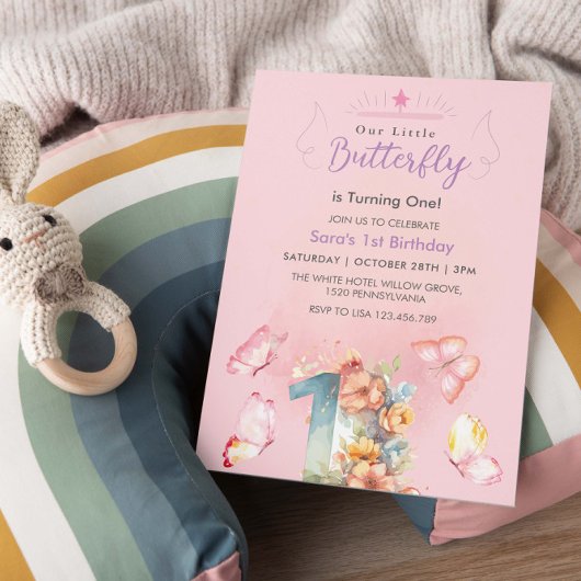 Invitation Pink Elegant Premier Anniversaire Papillons rose