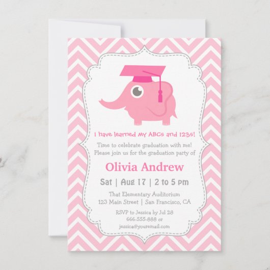 Invitation Pink Elephant Kids Kindergarten Graduation Party (Devant)