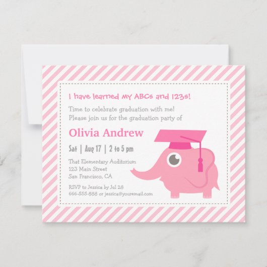 Invitation Pink Elephant Kids Kindergarten Graduation Party (Devant)