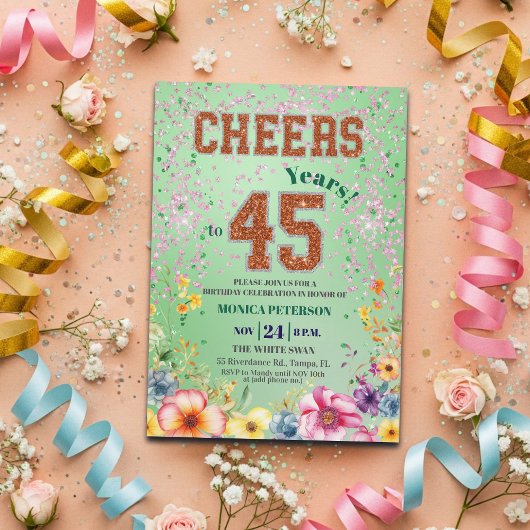 Invitation Pink Emerald Glitter Floral 45th Birthday Party