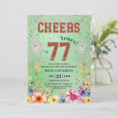 Invitation Pink Emerald Glitter Floral 77th Birthday Party (Debout devant)