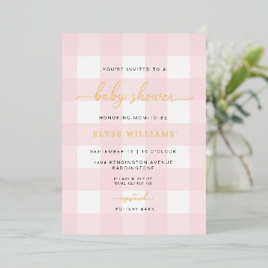 Invitation Pink En vichy Baby shower Foil (Debout devant)