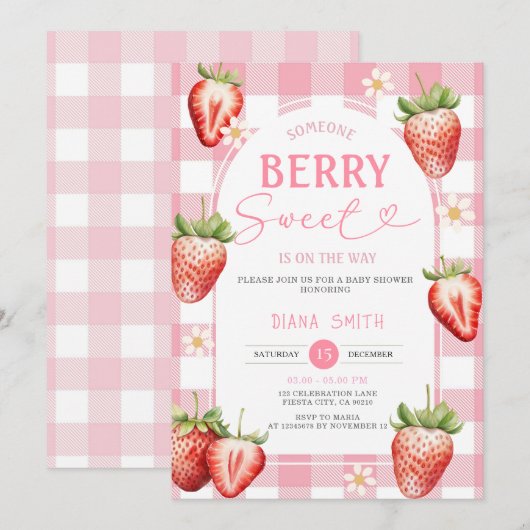 Invitation PINK En vichy Baby shower sucré aux fraises (Devant / Derrière)
