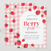 Invitation Pink En vichy Berry premier anniversaire Fille fra (Devant / Derrière)