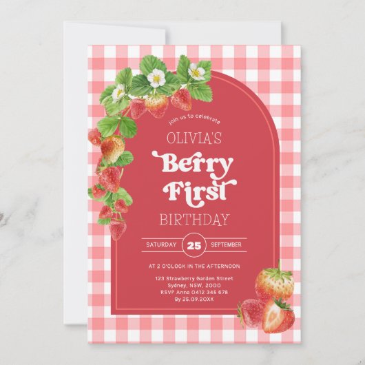 Invitation Pink En vichy Berry Première fraise 1er anniversai (Devant)