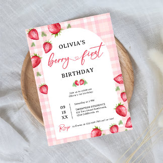 Invitation Pink En vichy Berry Première fraise 1er anniversai