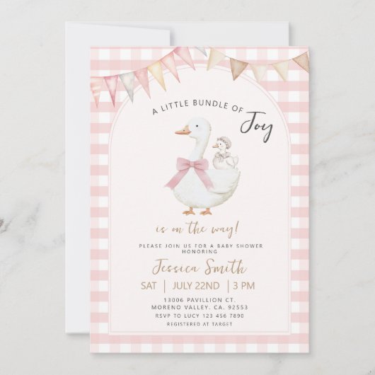 Invitation Pink En vichy Bundle de joie Goose Baby shower (Devant)