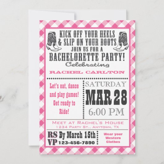 Invitation Pink En vichy Cowgirl Bachelorette Party Invitatio (Devant)