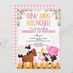 Invitation Pink En vichy Farm Animaux Fille Anniversaire Barn