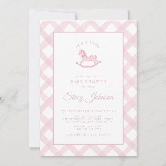 Invitation Pink En vichy Rocking Horse Girl Baby shower Invit (Devant)