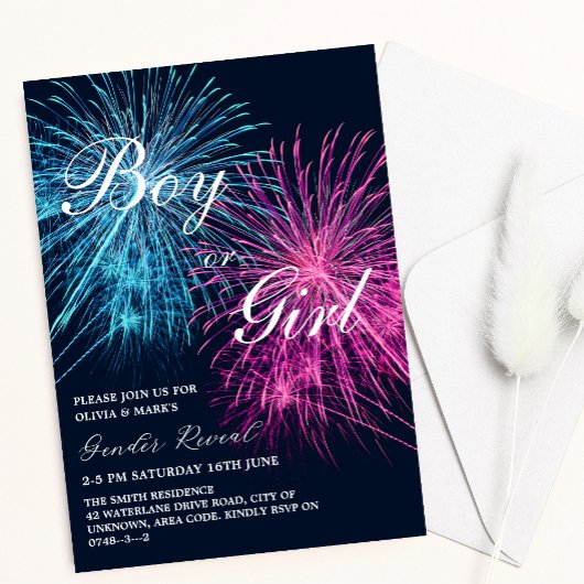 Invitation Pink et Blue Firework Firecracker Sexe Reveillez