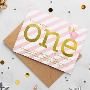 Invitation Pink et Faux Gold Foil Elephant fête d'anniversair